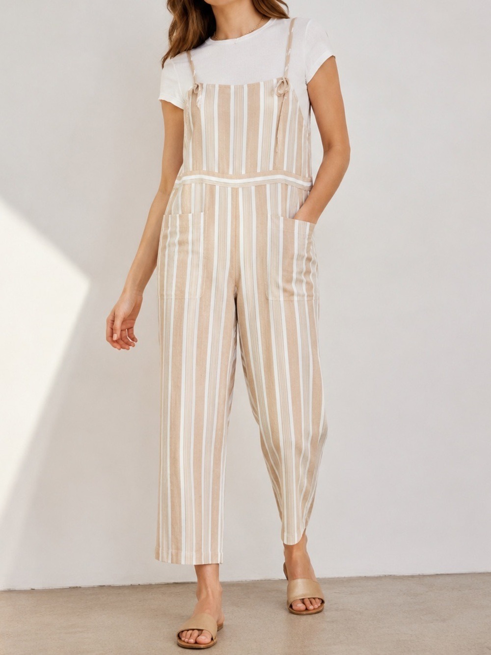 Madewell Striped Tie Strap Wide Leg Linen Blend Overalls XL Tan Cream NWT
